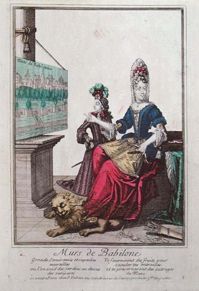 Dame som viser et bilde av Semiramis og Babylons hengende hager (farge litho) av French School