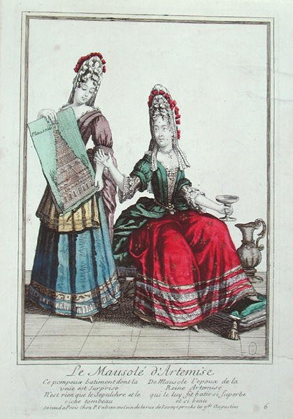 Dame som viser et bilde av Mausoleum of Halicarnassus (fargelitografi) av French School