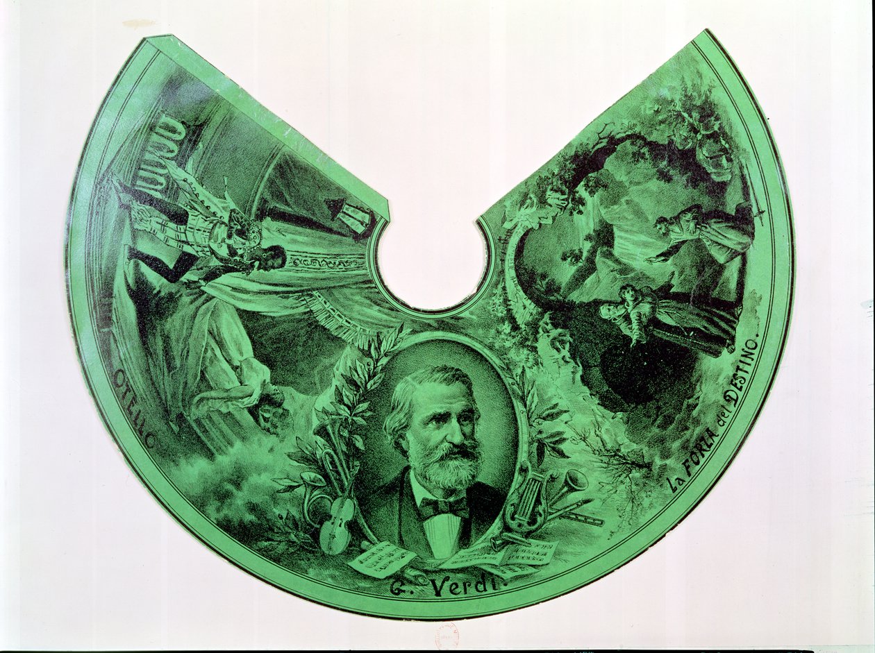 Lampeskjerm dekorert med et portrett av Giuseppe Verdi (1813-1901) og scener fra Othello og The Force of Destiny (gravering på papir) av French School