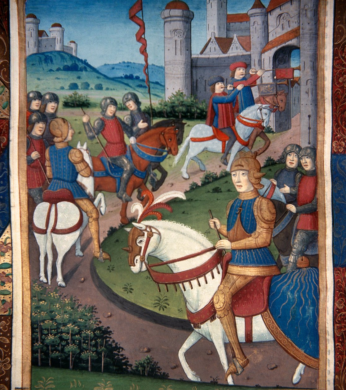 Lancelot ankommer en fransk landsby (vellum) av French School
