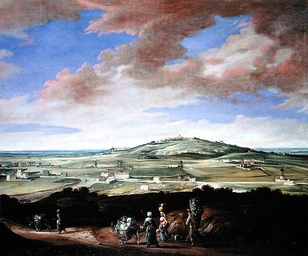 Landskap med en by på en høyde (olje på lerret) av French School