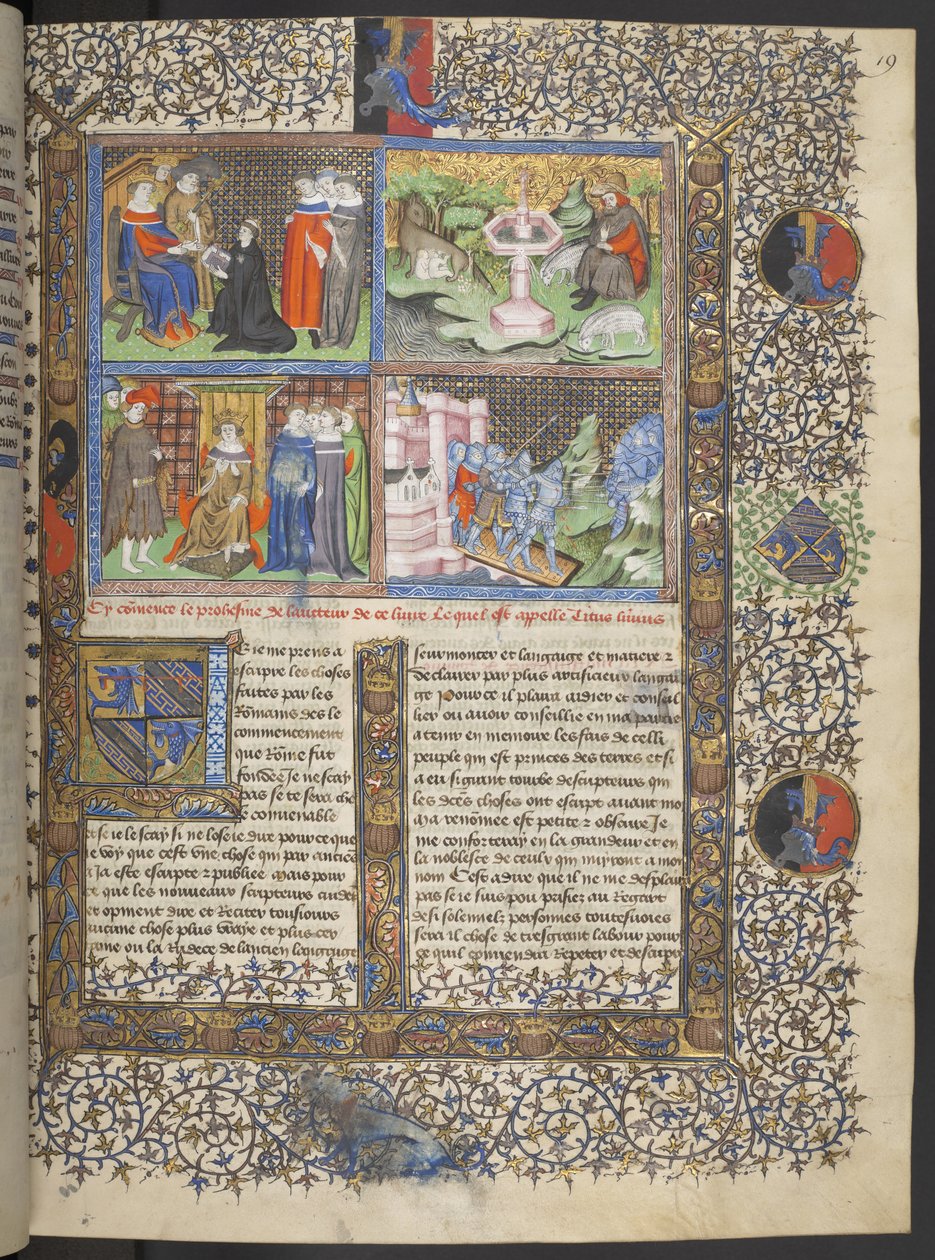 Lansdowne 1178 f. 19 miniatyrer inkludert detaljer av riddere i hjelmer med visir på en vindebro som forsvarer en by mot å angripe riddere med spyd, ca. 1415-20 (vellum) av French School