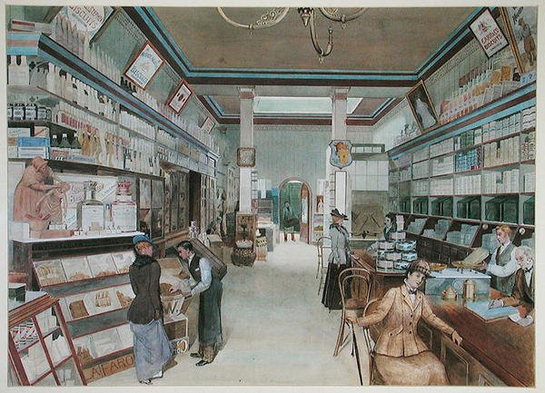 Stor dagligvarebutikk i England, ca. 1900 (akvarell på papir) av French School