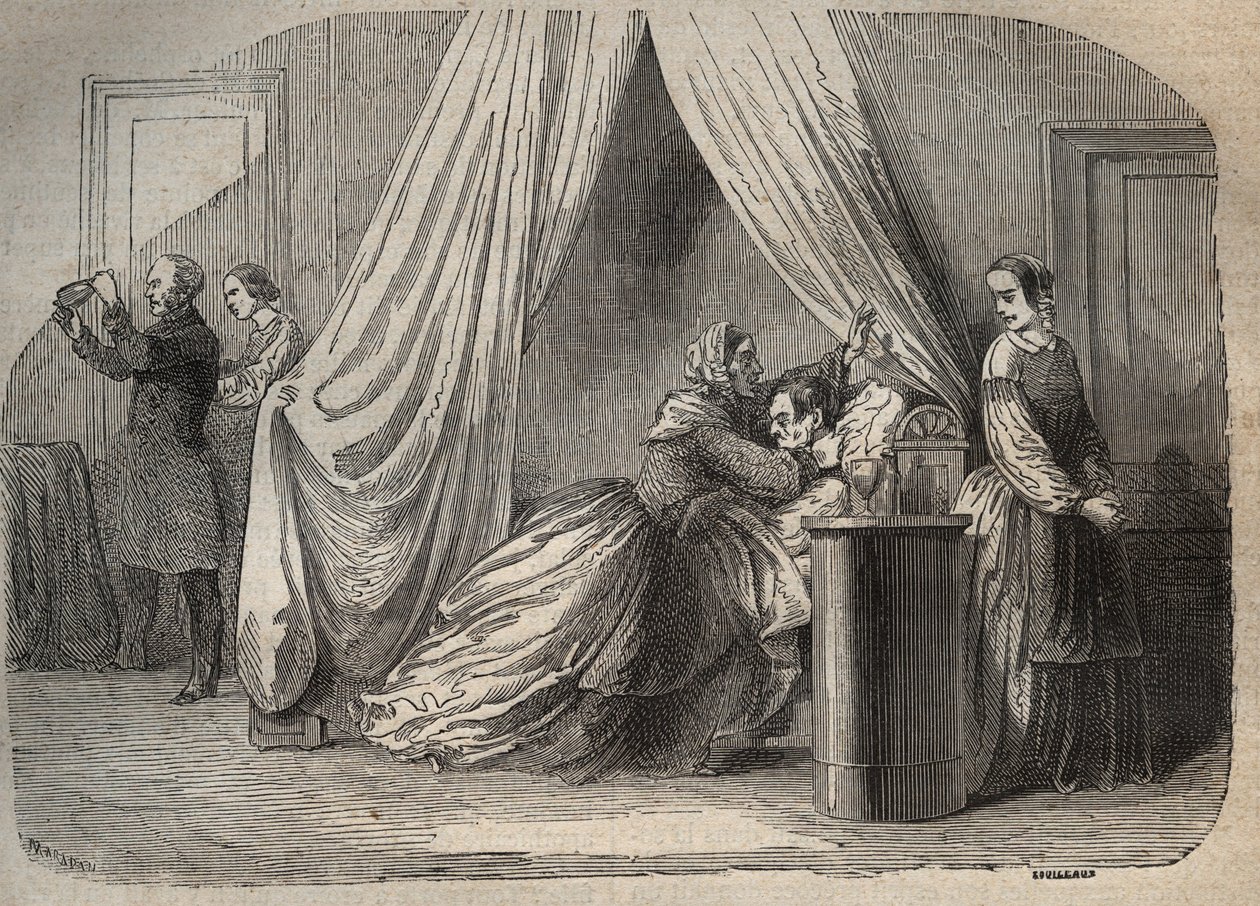 Siste øyeblikk av Charles Lafarge (1811-1840), ektemann til Marie Fortunee Capelle, Marie Lafarge (Madame) (1816-1852) fransk kriminell - Gravering i "Causes celebres de tous les peuple" av Armand Fouquier (1817-18?) 1858 -1867 - privat samling av French School