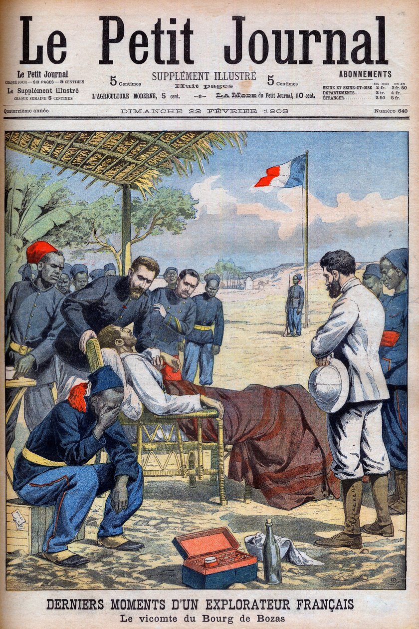 Siste øyeblikk av en fransk oppdagelsesreisende Viscount Pierre Marie Robert Du Bourg de Bozas (1871-1903) i Bourg de Boza i tropisk Afrika «Le Petit Journal» 22. februar av French School
