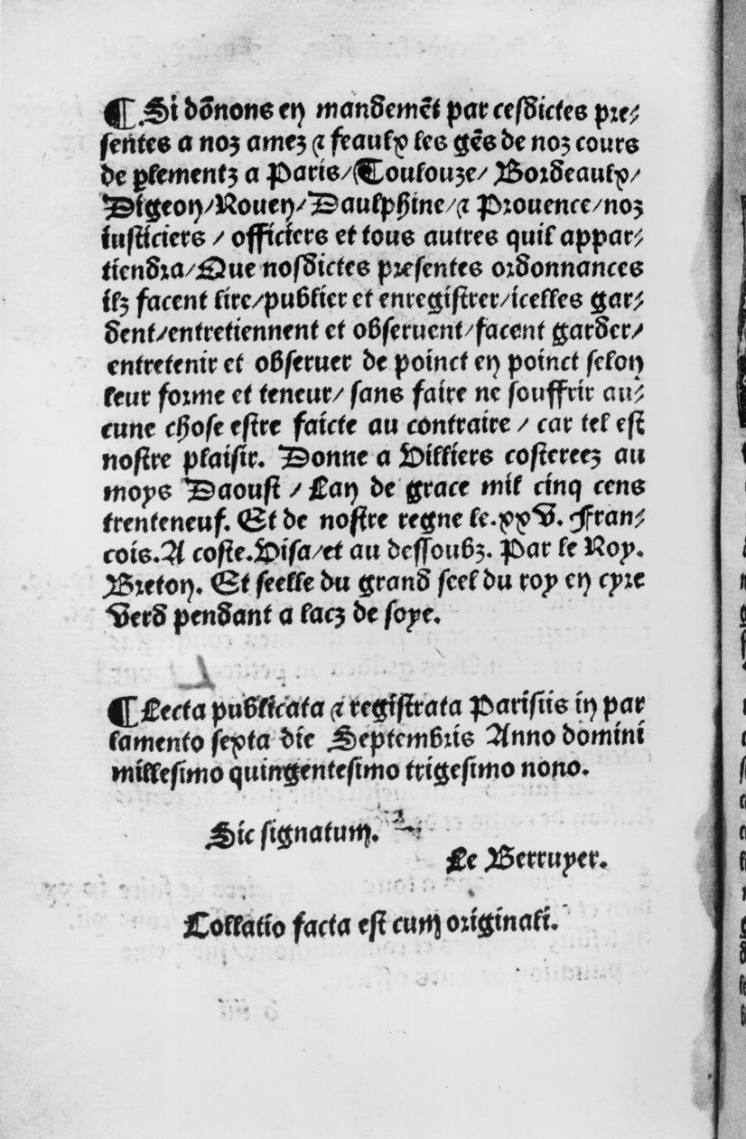 Siste side av Ordinance of Villers-Cotterets, 1539 (trykt papir) av French School