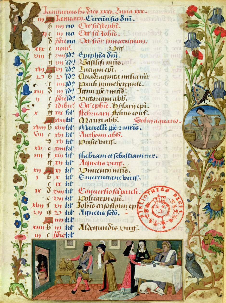 Lat 1173 f.1 januar; figurer som spiser og drikker, av Robinet Testard, fra Hours of Charles of Angouleme av French School