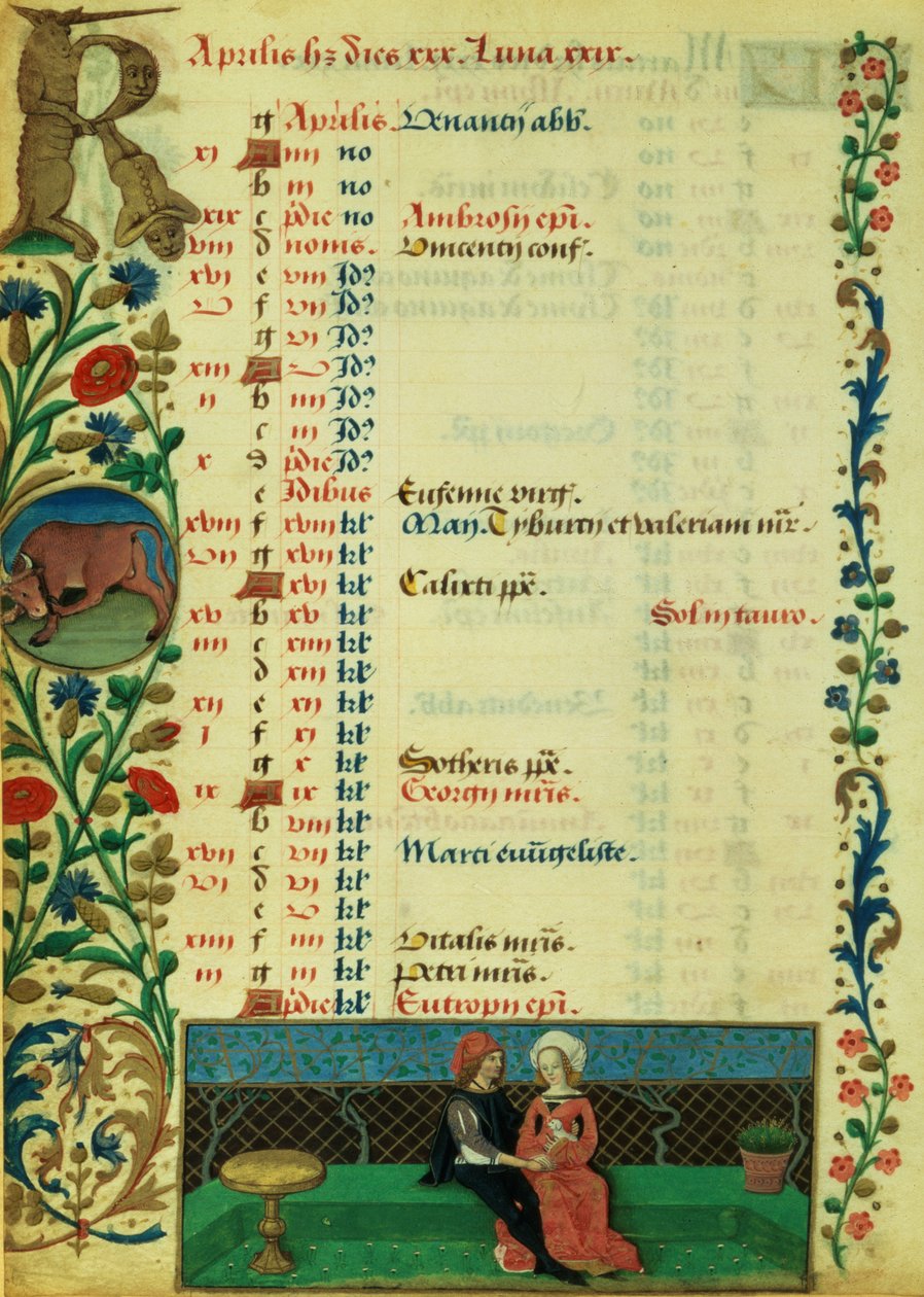 Lat 1173 f.2v april; To elskere som sitter utendørs, av Robinet Testard, fra Hours of Charles of Angouleme av French School