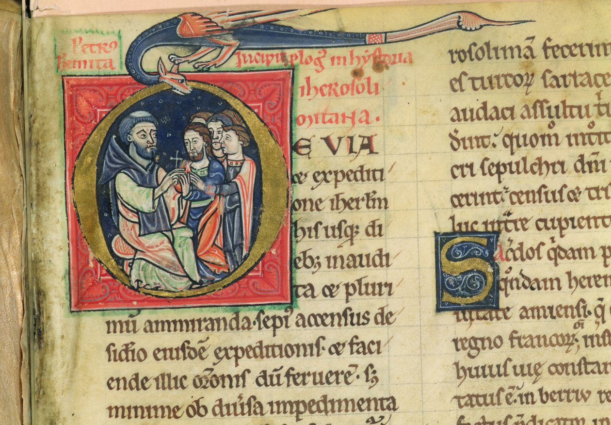 Lat 5128 f.1 Peter Eremitten deler ut kors, fra #39;Jerusalems historie...#39; av munken Robert (vellum) av French School