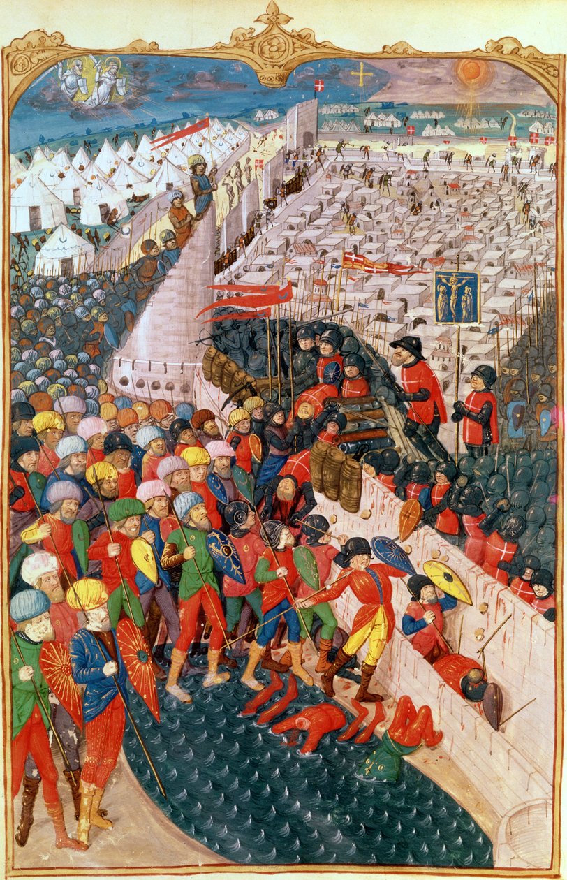 Lat 6067 De tyrkiske operasjonene ved beleiringen av Rhodos, fra A History of the Siege of Rhodes, av Guillaume Caoursin, 1483 av French School