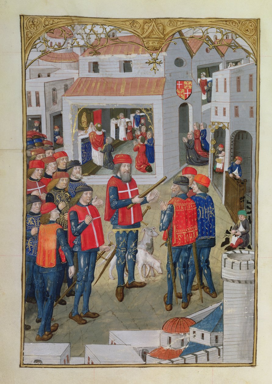 Lat 6067 fol.33v The Knights of St. John of Jerusalem forbereder seg på å forsvare Rhodos, fra A History of the Siege of Rhodes, av Guillaume Caoursin, 1483 av French School