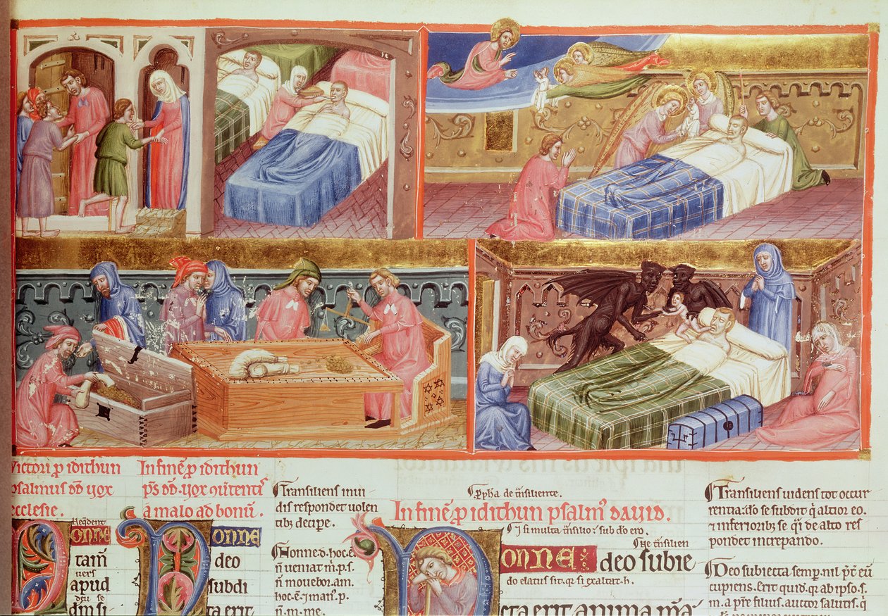 Lat 8846 f.106 God mann blir ført til himmelen og grådig mann til helvete, fra Hebraica Romana Gallica av French School