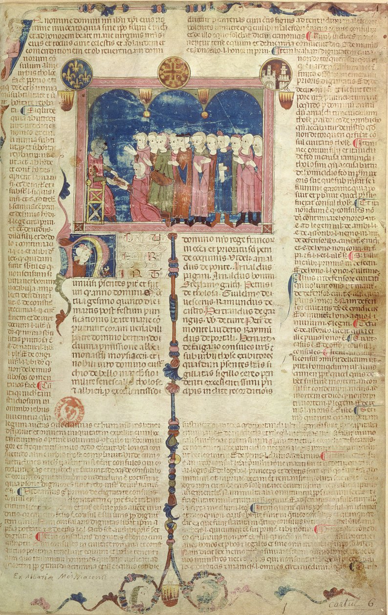 Lat 9187 f.1 Forfatteren som presenterer boken, fra Coutumes de Toulouse, 1296 av French School