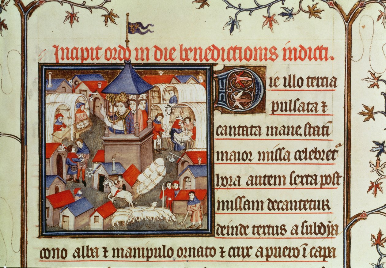 Lat 962 f.264 Miniatyr av en biskop som velsigner den årlige messen eller markedet som ble holdt i to uker i juni på slettene til St. Denis, fra et pontifical, 1301-1400 av French School