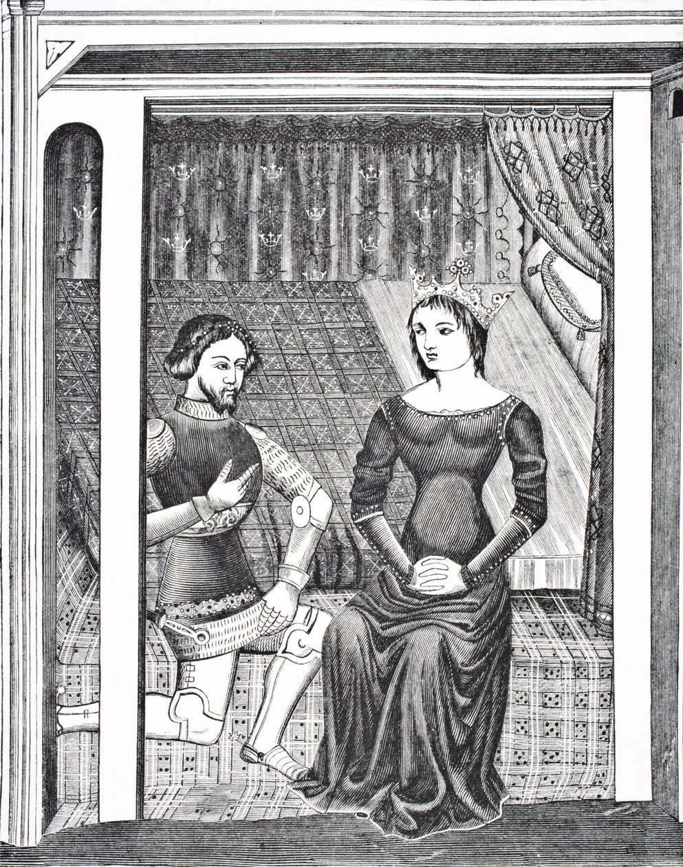 Launcelot og Guinevere, etter en miniatyr fra et manuskript fra 1300-tallet, fra Science and Literature in The Middle Ages av puben Paul Lacroix. London 1878 av French School