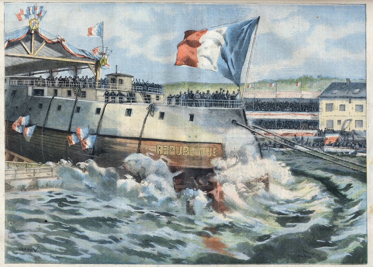 Launch of the Cuirasse “” Republique”” in Brest, France. Engraving in “” Le Petro Parisien”” av French School