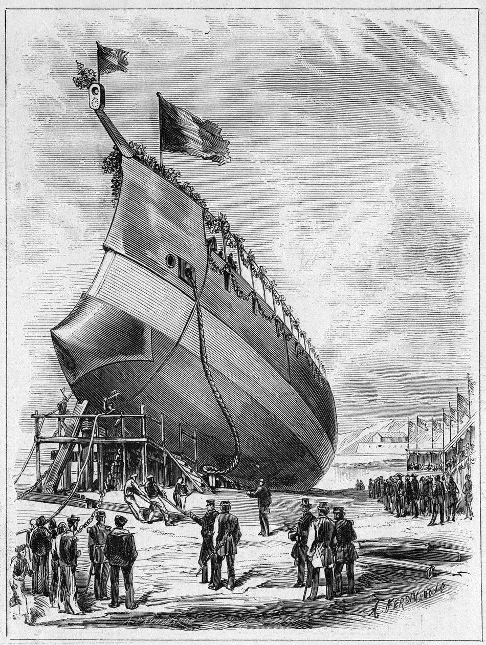 Lansering av panserskipet "" La Galissonniere"", 7. mai 1872 i havnen i Brest, Finistere (29). Gravering i "" Le Monde Illustré"" nr. 789 av 25. mai 1872. av French School