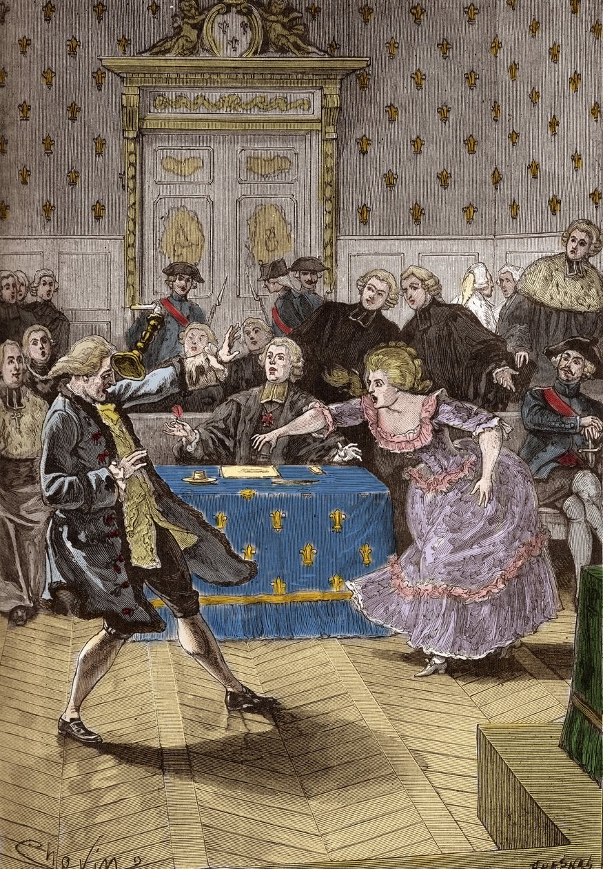 Lawsuit of the Affair of the Necklace of the queen Marie-Antoinette - In front of the Parliament of Paris, Cagliostro pushing the false countess of Lamotte-Valois too far, an intriguer who deceived the cardinal of Rohan. May 31 av French School