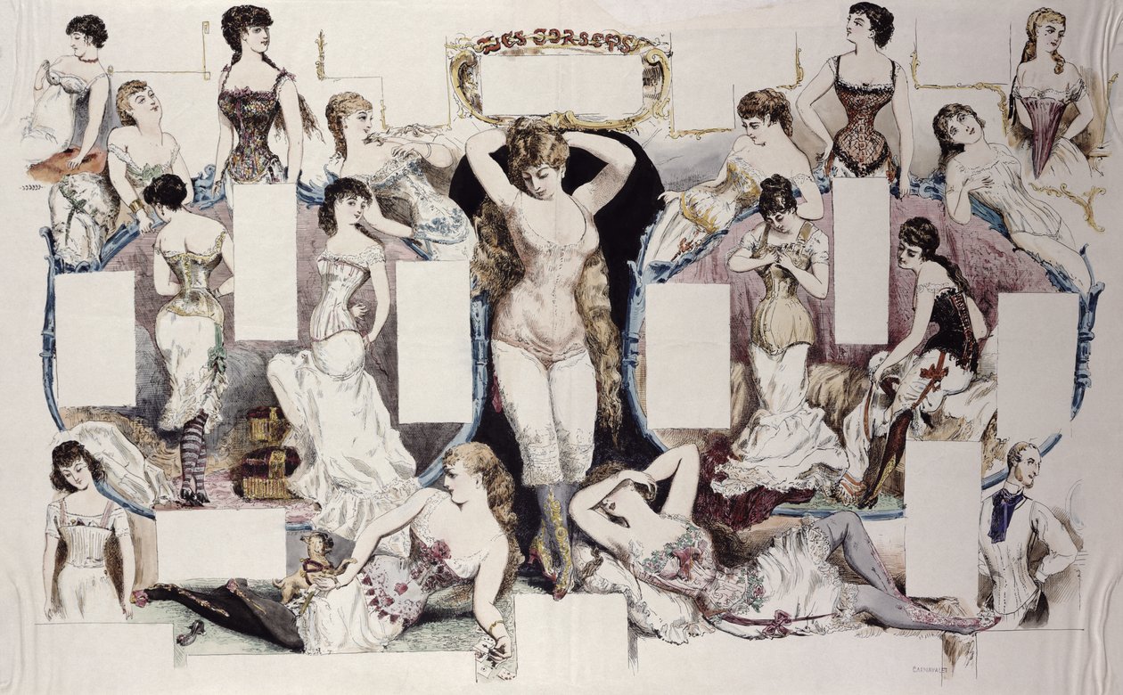 Layout-illustrasjoner for en artikkel om dameundertøy, fra La Vie Parisienne, ca. 1870 av French School