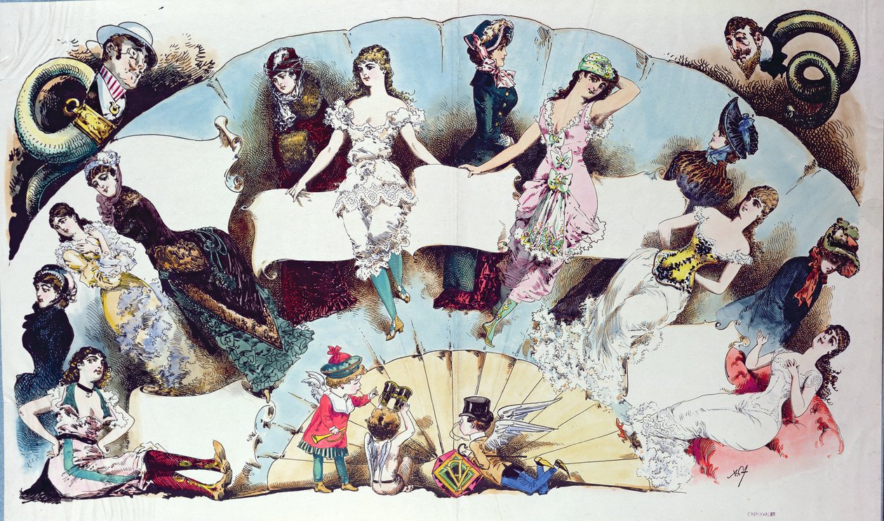 Layout-illustrasjoner for en artikkel om dameundertøy, fra La Vie Parisienne, ca. 1870 av French School