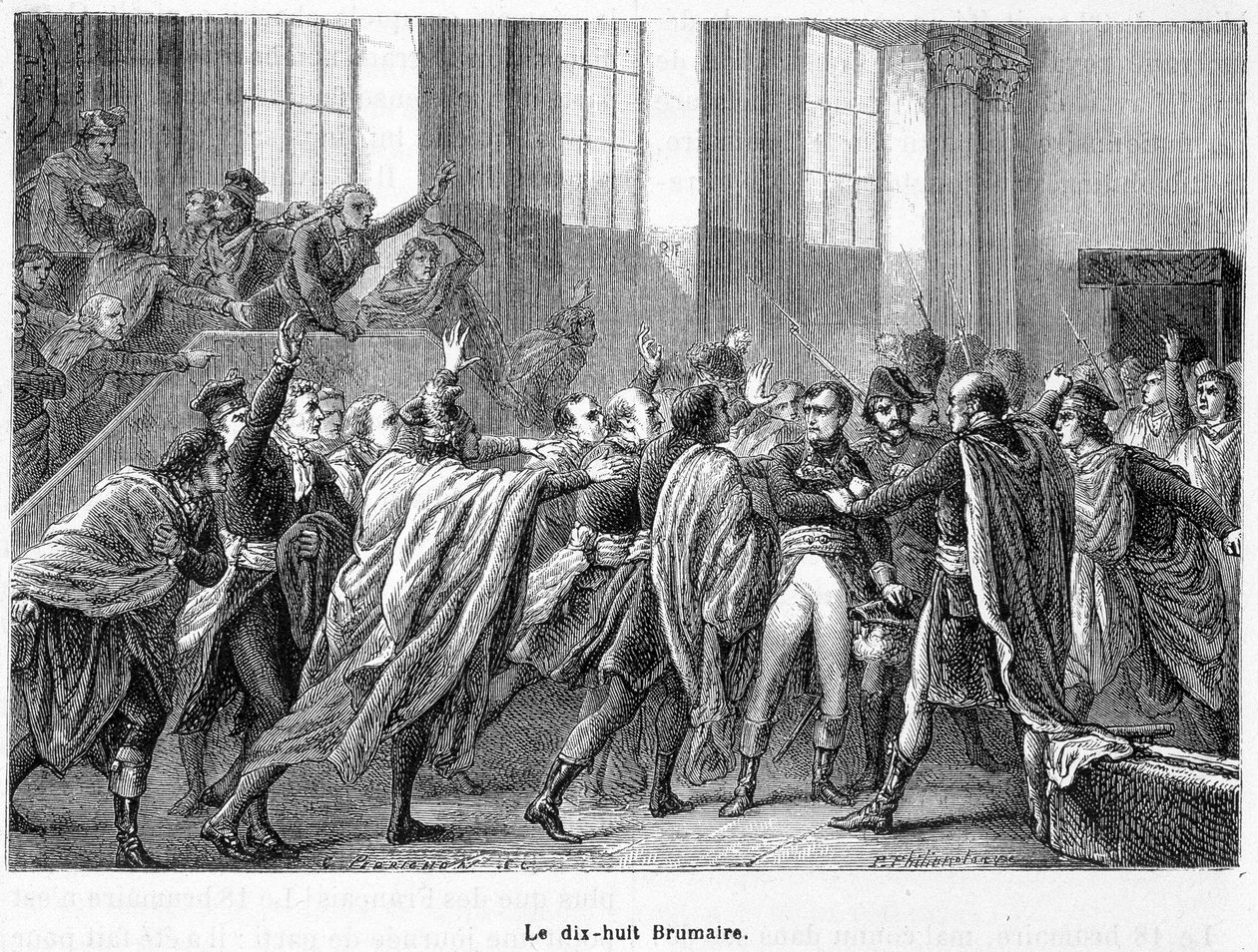 18 Brumaire år 8: Napoleons statskupp i Saint-Cloud i Conseil des Cinq-Cents (fem hundre) (rom på 500) - i "La France Populaire" av French School