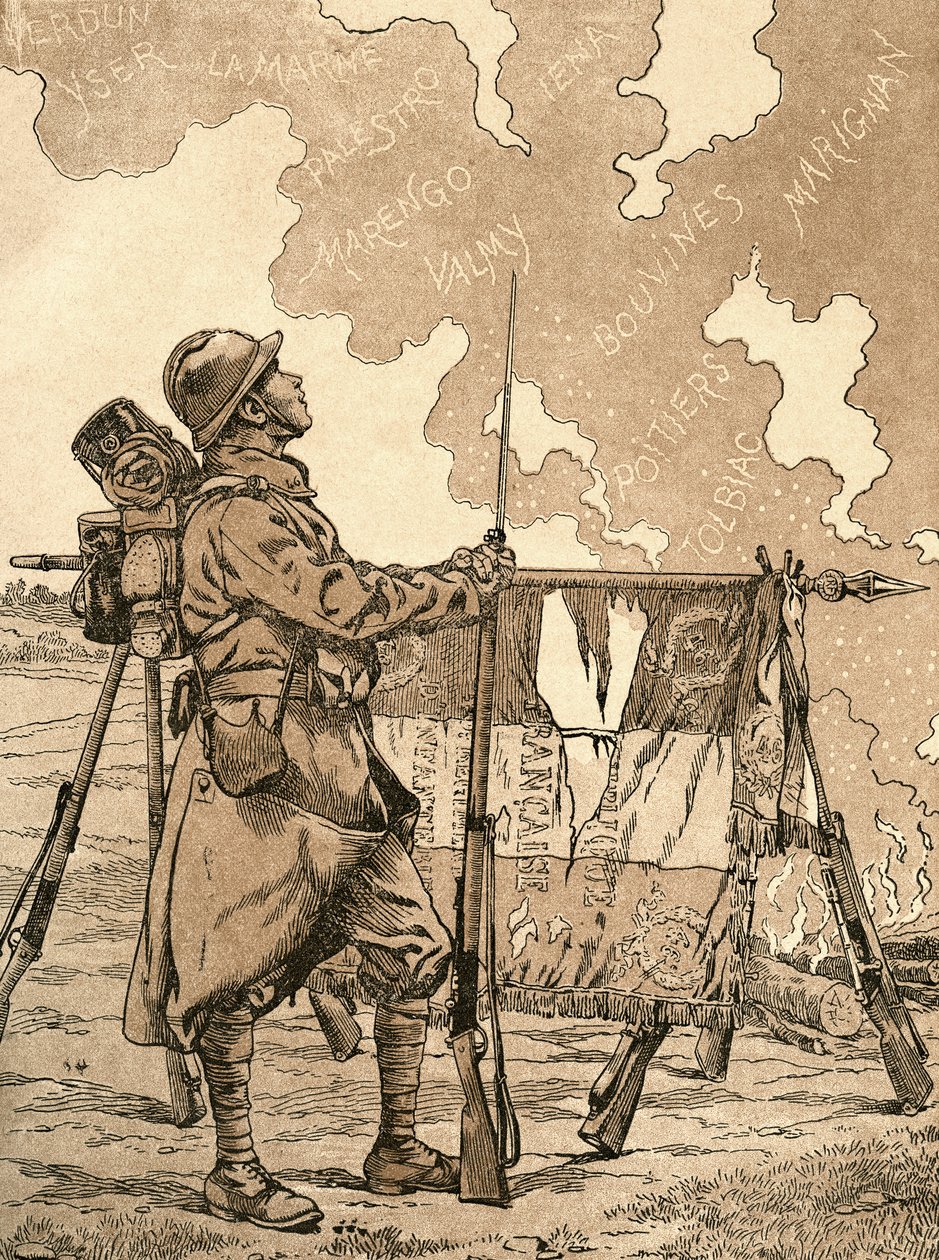 Le Bleuet. Symbol på minne og solidaritet i Frankrike, for veteraner og ofre fra første verdenskrig. Fransk propagandaillustrasjon fra 1. verdenskrig som fremkaller franske seire gjennom tidene. Fra Agenda Buvard du Bon Marche publisert 1917. av French School