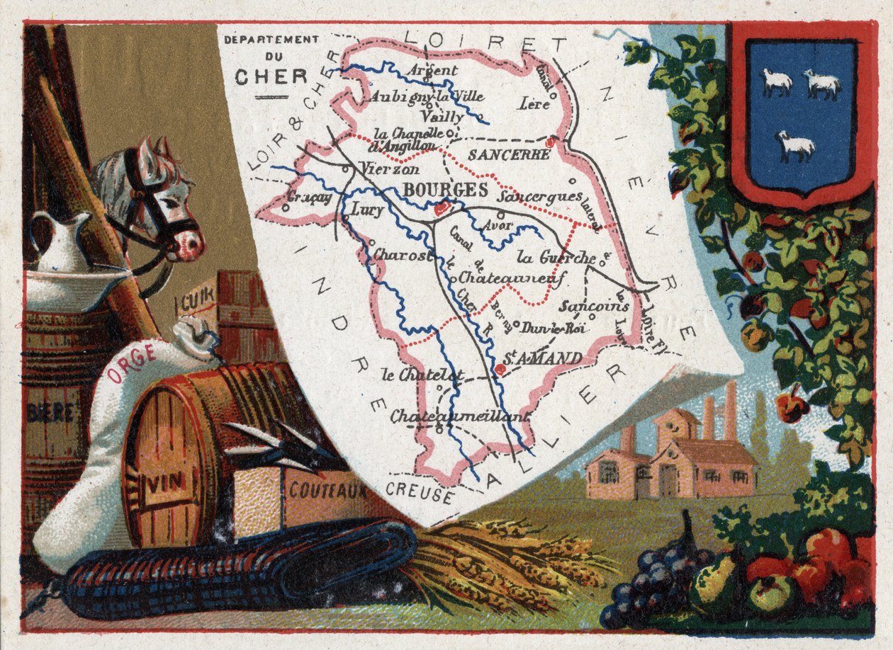 Le Cher (18), Sentrum, Frankrike. Serie om de franske avdelingene. Øl, bygg, lær, vin og kniver. Chromolithography (Chromo) "" den geografiske tråden"", ca 1920. Privat samling. av French School