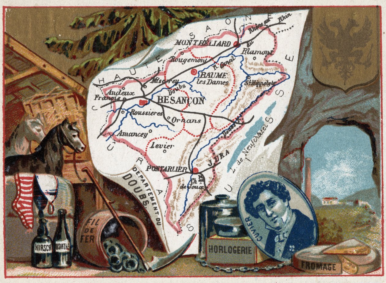 Le Doubs (25), Franche Comte (Franche-Comte), Frankrike. Portrett av Georges Cuvier (1764-1832), fransk paleontolog. Lokal spesialitet: kirsch, malurt, urmakeri, tråd og jordbruk. Serie om de franske avdelingene. Chromolithography (Chromo) "" the av French School