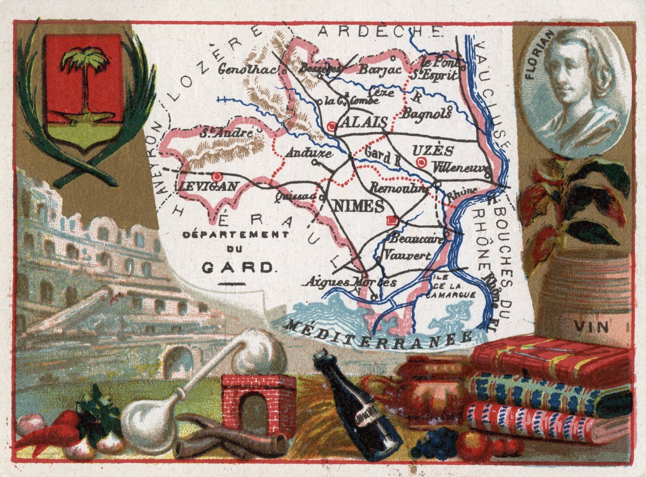 Le Gard (30), Languedoc-Roussillon (Languedoc Roussillon), Frankrike - Lokal spesialitet: eau de vie (destillasjonsapparat) og vin - Portrett av Jean-Pierre-Claris (Jean Pierre Claris) de Florian (1755-1794) - Serie på de franske avdelingene - Chromoli av French School