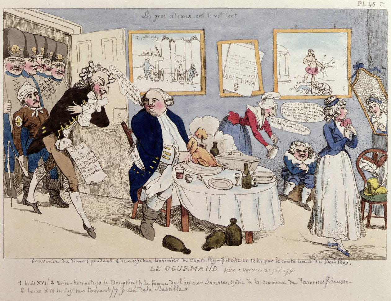 Le Gourmand, karikatur av Ludvig XVI (1754-93) og den franske kongefamilien i det øyeblikk de ble arrestert i Varennes 21. juni 1791 av French School