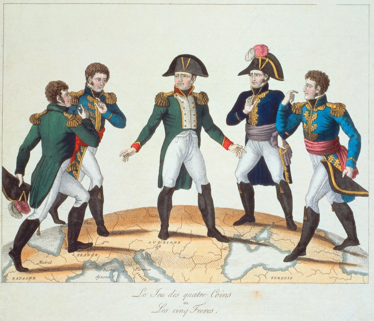 The Game of Four Coins eller The Five Brothers, bonapartistisk tegneserie som viser Napoleon og brødrene hans, 1808 av French School