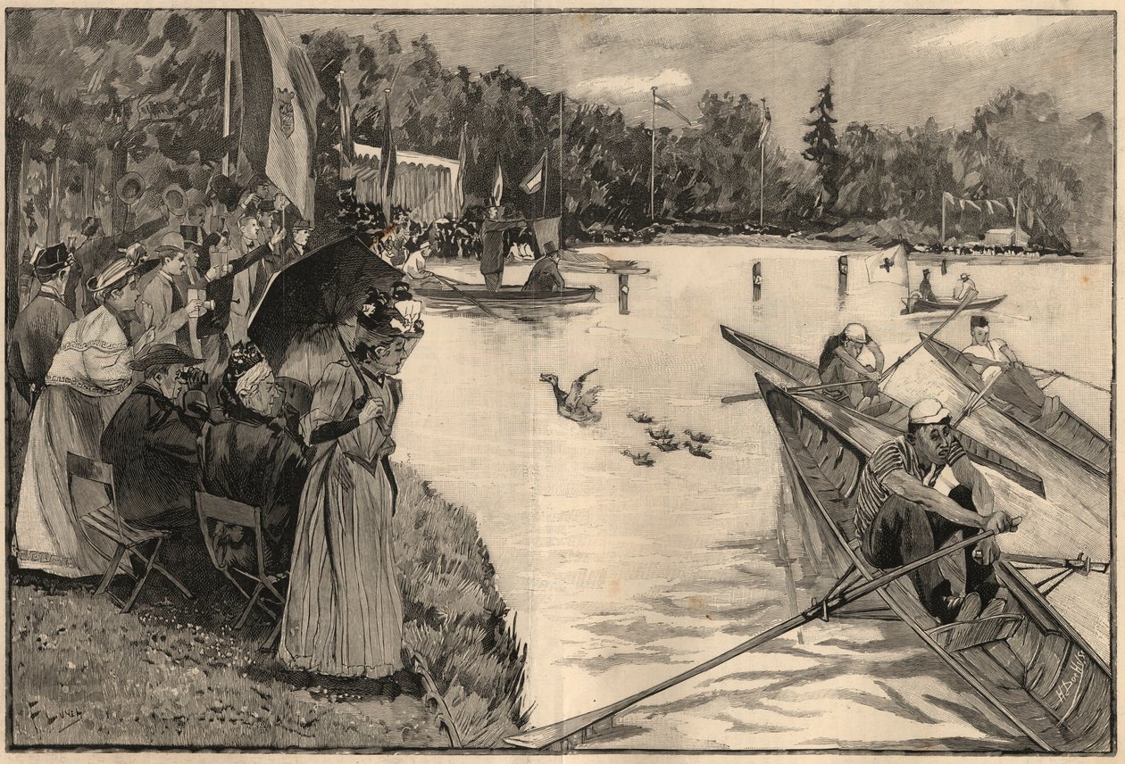 Le Lendit de Paris: skoleregater ved den store lac du bois de Boulogne - Gravering fra 1894 etter tegningen av Mr Lunel av French School