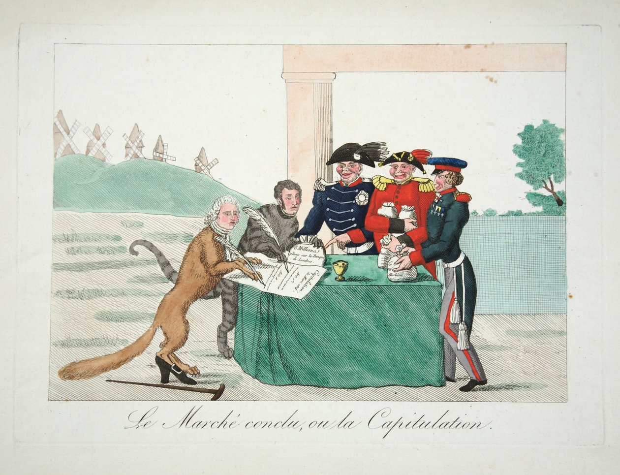 Le Marche avsluttet, eller Capitulation, pub. 1814 (håndfarget gravering) av French School
