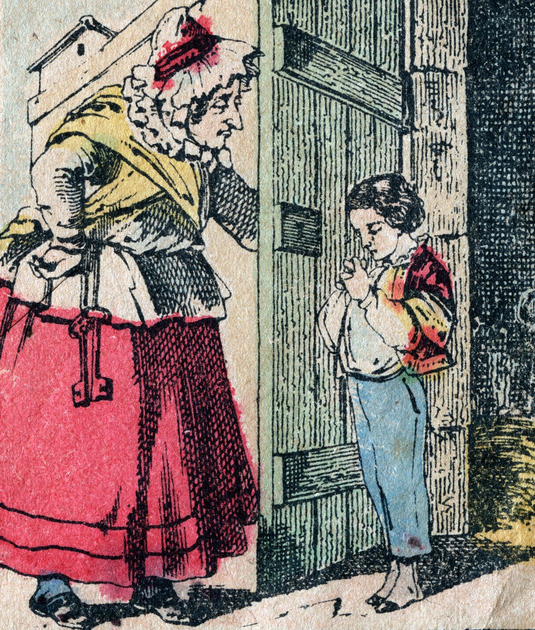 Le Pere Fouettard, fransk karakter for den piskede faren, legendarisk folklorefigur som straffer de slemme barna: hans kone, La Mere Fouettard, den piskede moren, som leverer omvendte barn - Epinalt bilde av French School
