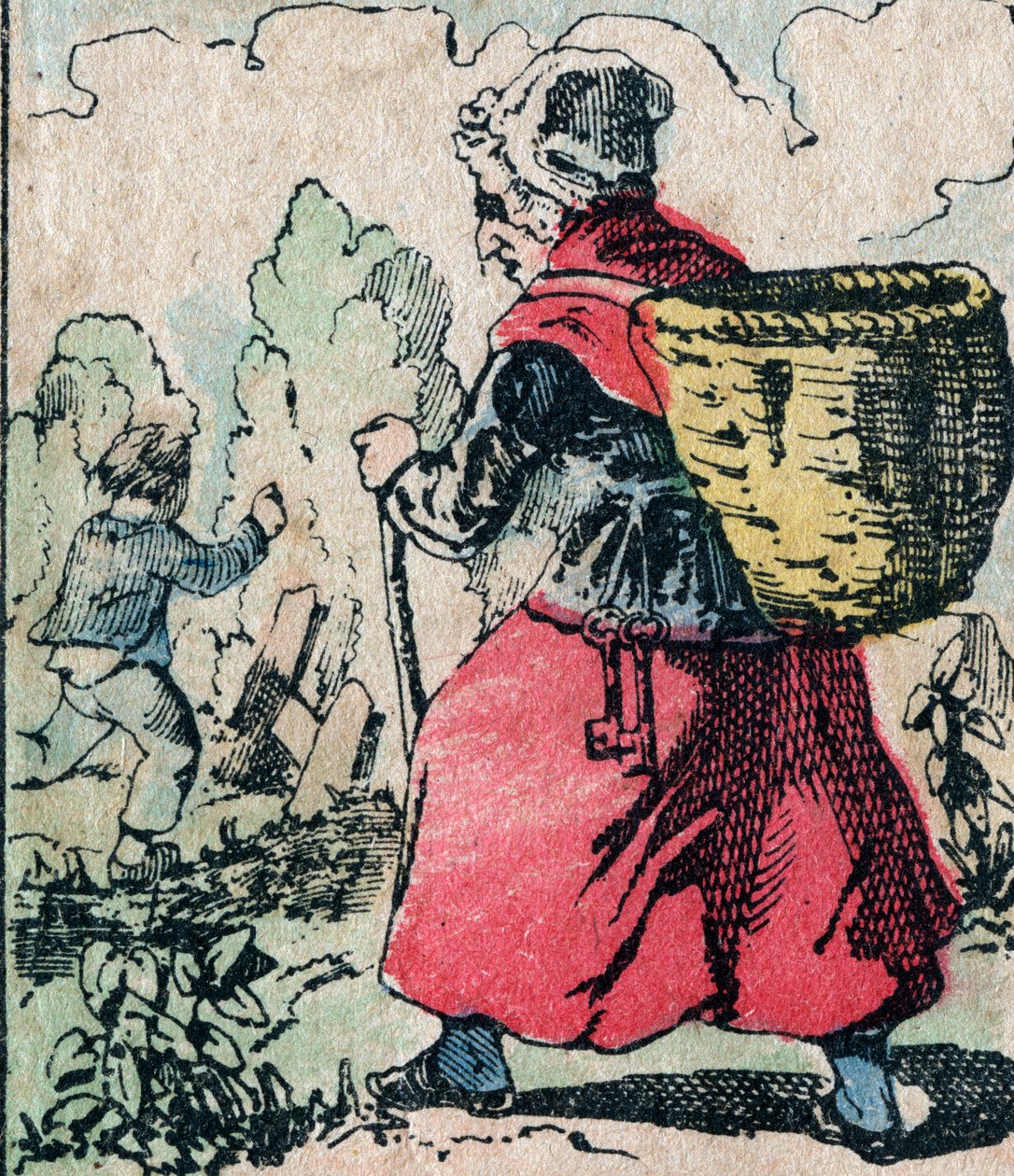 Le Pere Fouettard, fransk karakter for den piskede faren, legendarisk folklorefigur som straffer de slemme barna: hans kone, La Mere Fouettard, den piskede moren som forfølger barna som hopper over skolen - Epinalt bilde av French School