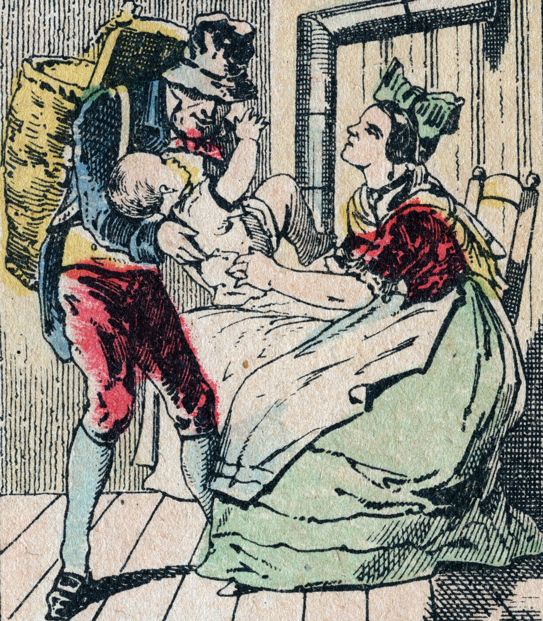 Le Pere Fouettard fransk karakter for den piskede faren, legendarisk folklorefigur som straffer de slemme barna og omslutter de ulydige, Epinalbilde 1800-tallet (gravering) av French School