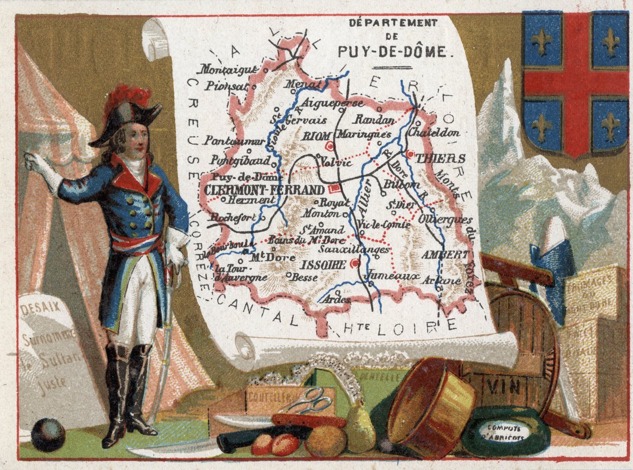 Le Puy Du Dome (Puy-Du-Dome, 63), Auvergne, France. Portrait of Louis Charles Antoine Desaix (1768-1800), cutlery, wine, apricot compote. Series on the French Departments. Chromolithography (Chromo) “” the geographic thread””, circa 1920. Private collectio av French School