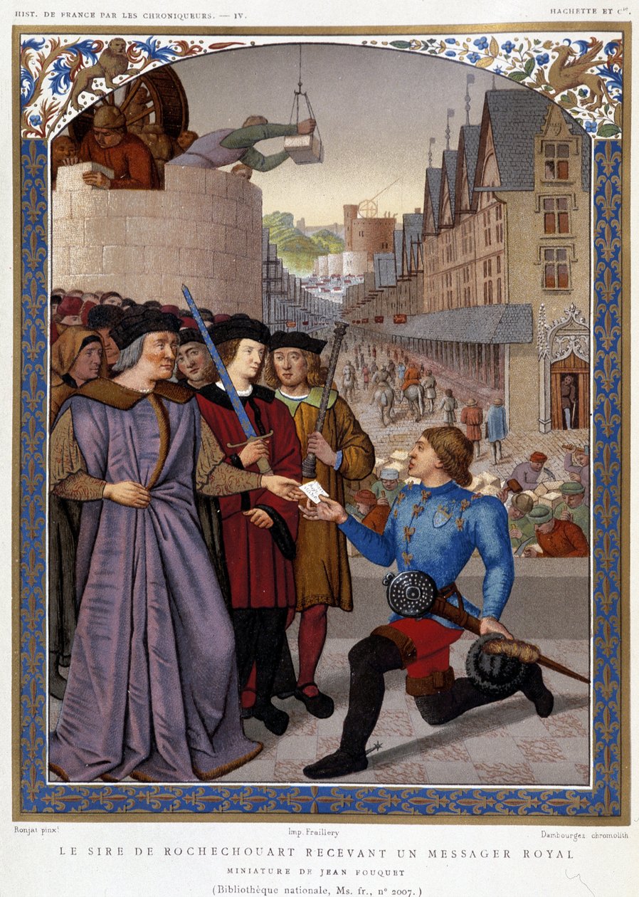 Sire de Rochechouart mottar en kongelig budbringer. etter Fouquet, i "The Chroniclers of the History of France fra opprinnelsen til 1500-tallet" av Mme de Witt, Paris av French School