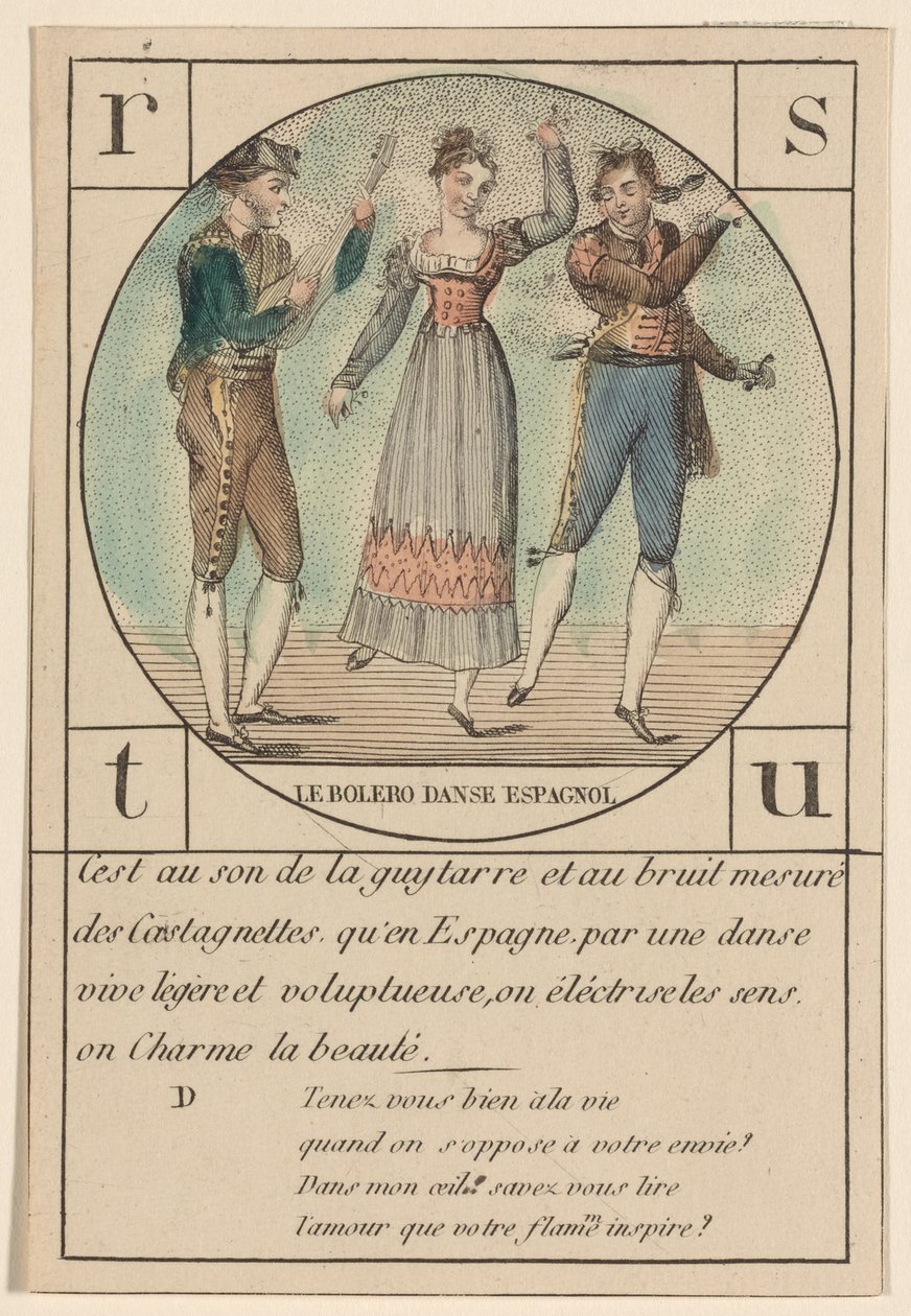 "The Bolero, Spanish Dance," fra en serie alfabetkort, ca. 1810-19 av French School