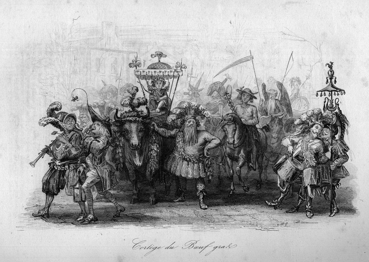 Le cortege du boeuf gras («Le carnival»» sang av Marc-Antoine Madeleine Desaugiers) i «» - CHANS og CHANS POPULES DE LA FRANCE - 1843 - H.- L. DELLOYE, forlegger, LIBRAIRIE DE GARNIER. av French School