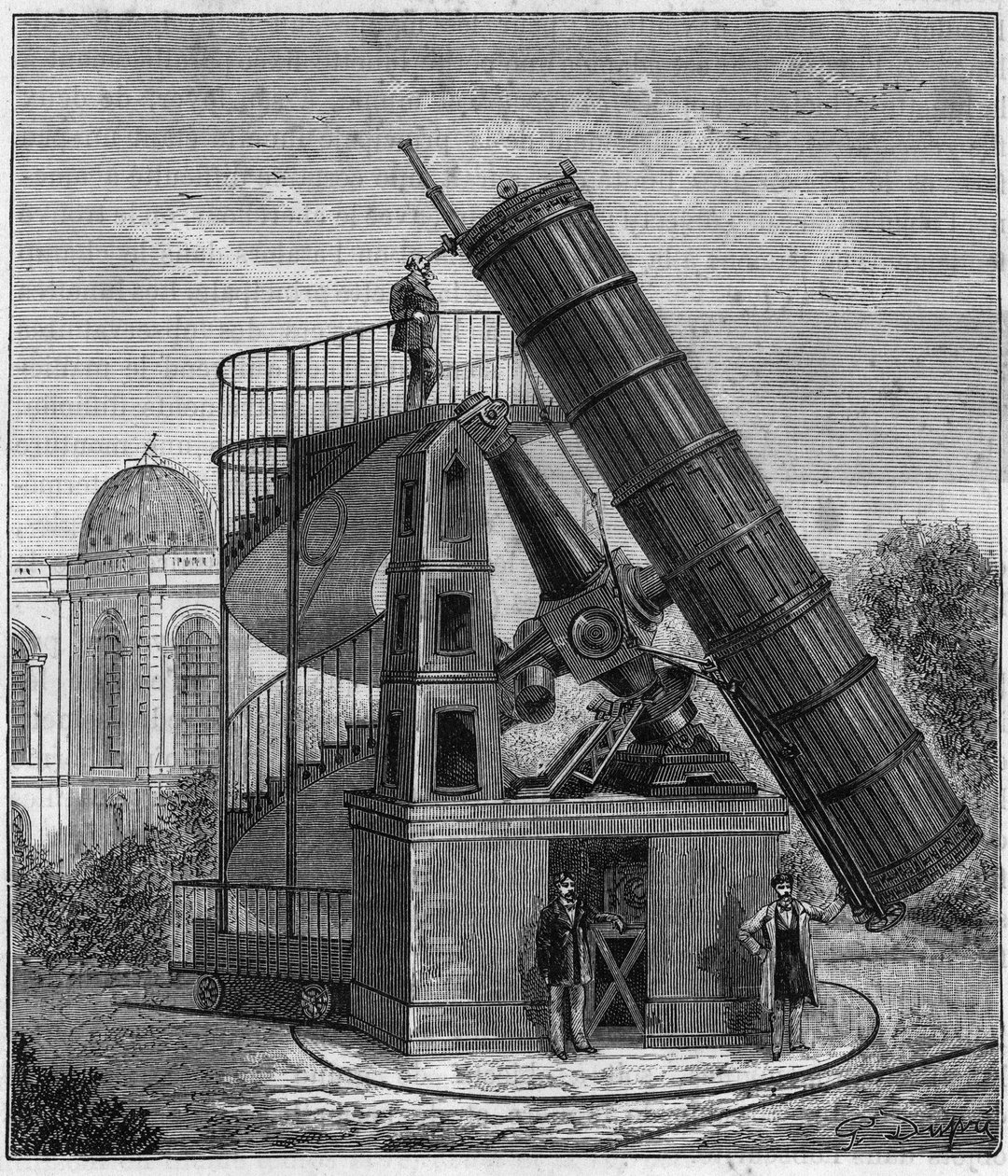 Det store teleskopet til Paris-observatoriet på 1800-tallet - Gravering i "" Sciences à la potee de tous - physics et chimie populaires"" av Alexis Clerc - Sent på 1800-tallet. Privat samling. av French School