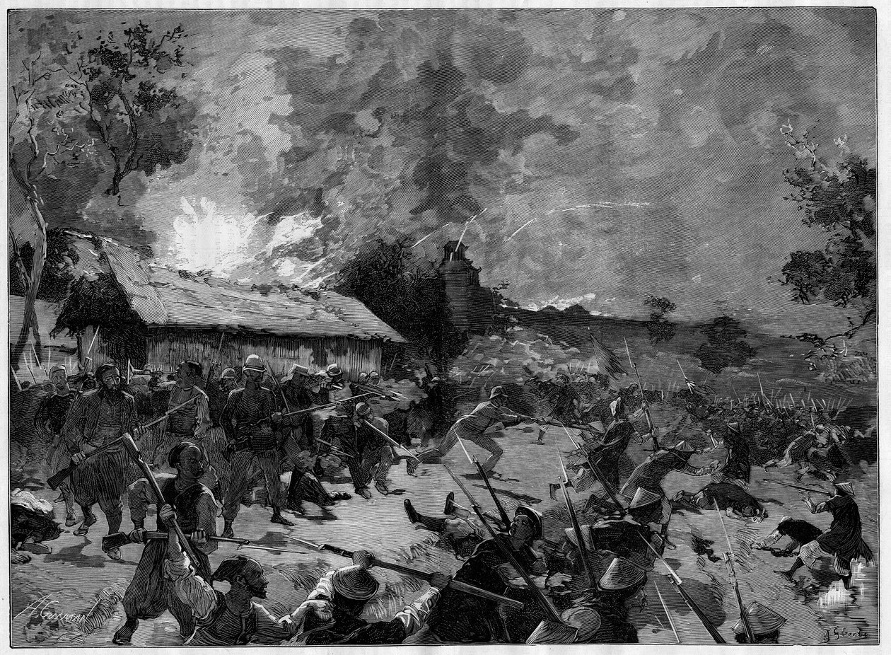 Bakholdet (guet apens) i Hue, 4.–5. juli 1885: angrep fra en tonkinesisk hær (Viet-Nam) mot de franske troppene til general de Courcy. Gravering i ""The Illustrious World"" av French School