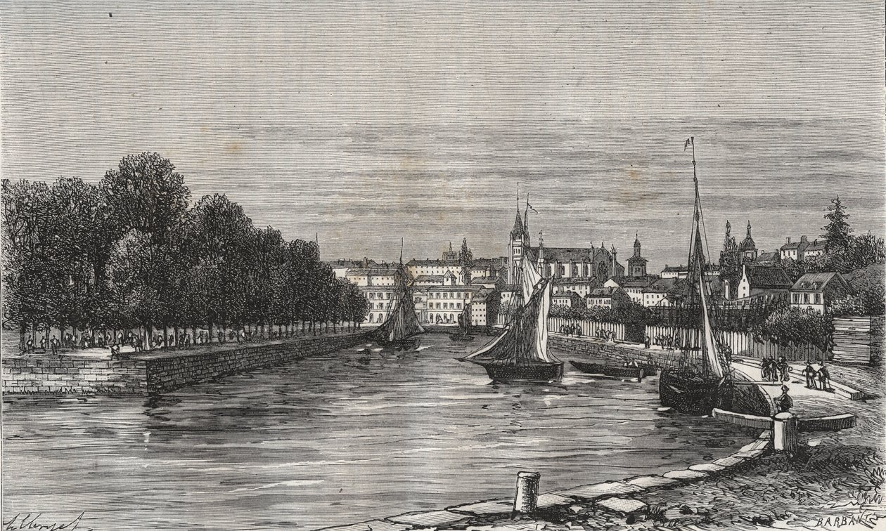 Le port de Vannes (Morbihan, Frankrike)// Vannes havn (Morbihan, Frankrike) - gravering i «La France illustrée: geographie, histoire, administrationstatistique» av V.-A. Malt brun. 1884 av French School