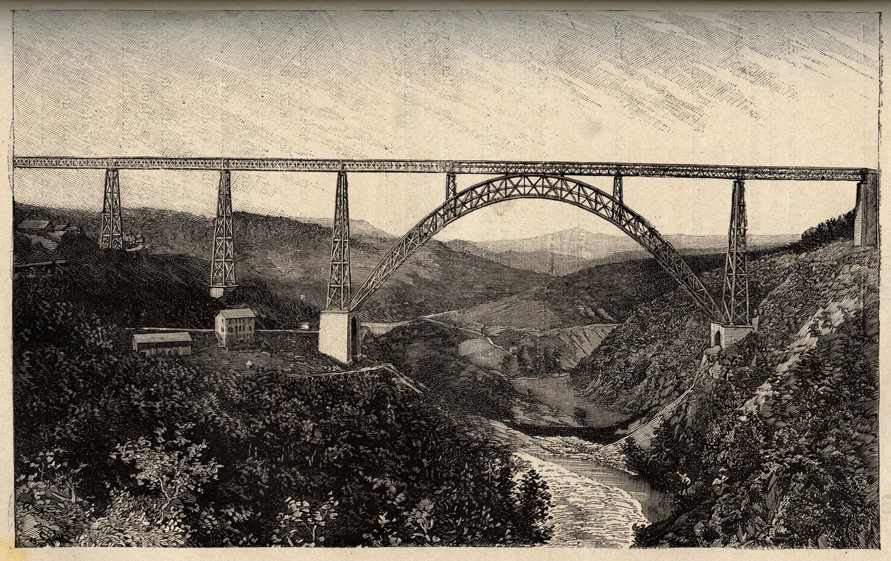 Garabit-viadukten - Cantal - Auvergne-Rhône-Alpes - gravering i "" PATRIE" - PACUREQUIREQUE BESKRIVELSE AV FRANKRIKE I 6 BIND AV LUCIEN HUARD - slutten av 1800-tallet av French School