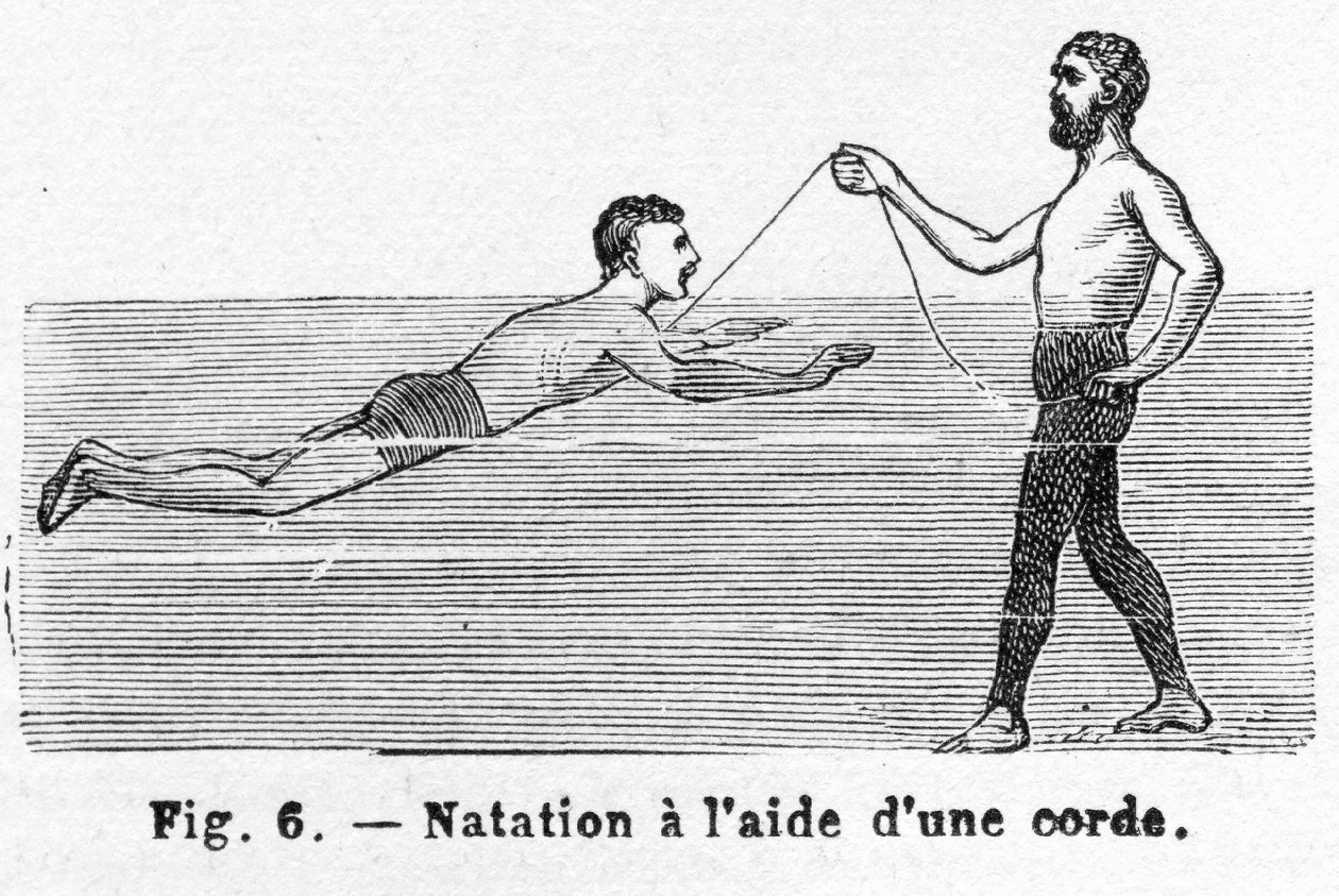Lære å svømme med en ledning, pub. 1885 gravering, 1885. av French School