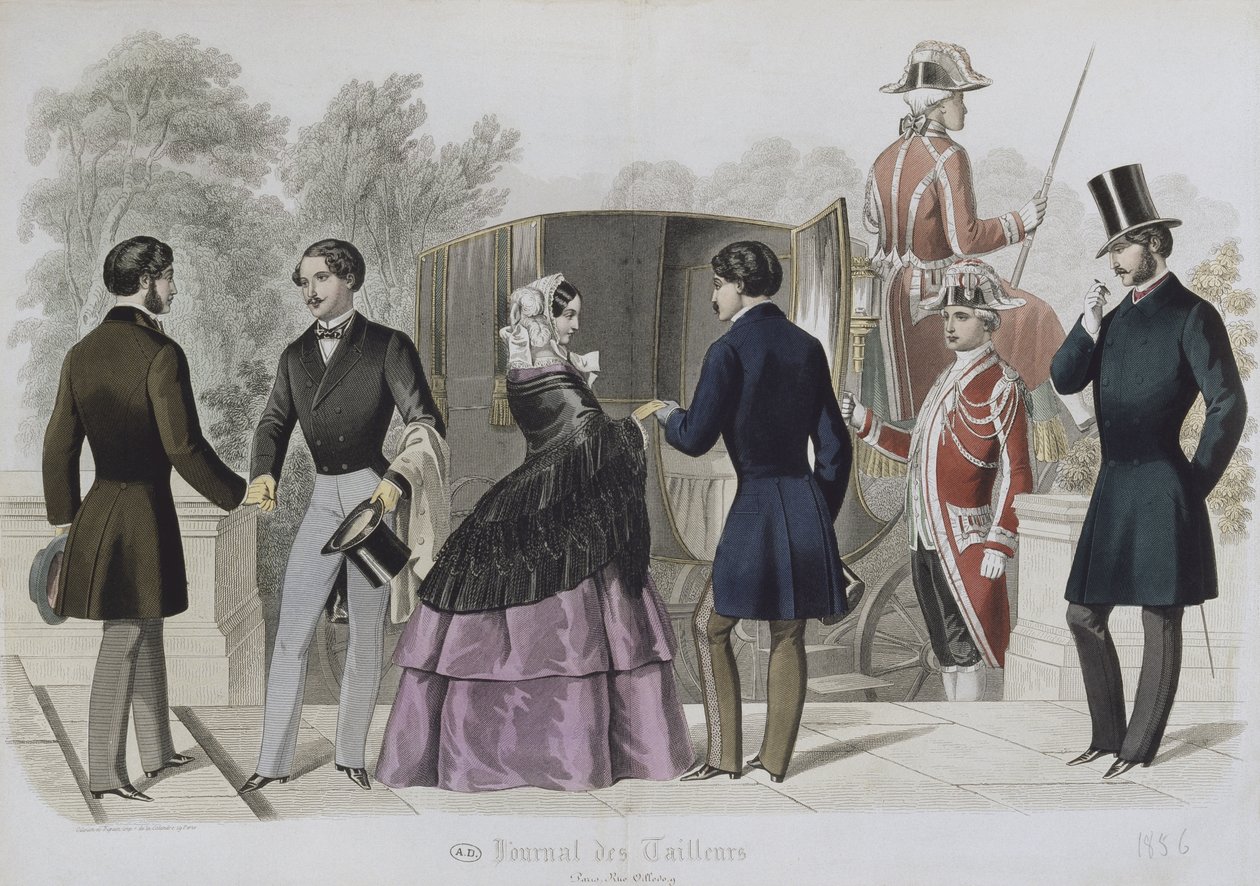 Avreise for en tur i en drosje, illustrasjon fra Le Journal des Tailleurs, 1856 (fargegravering) av French School