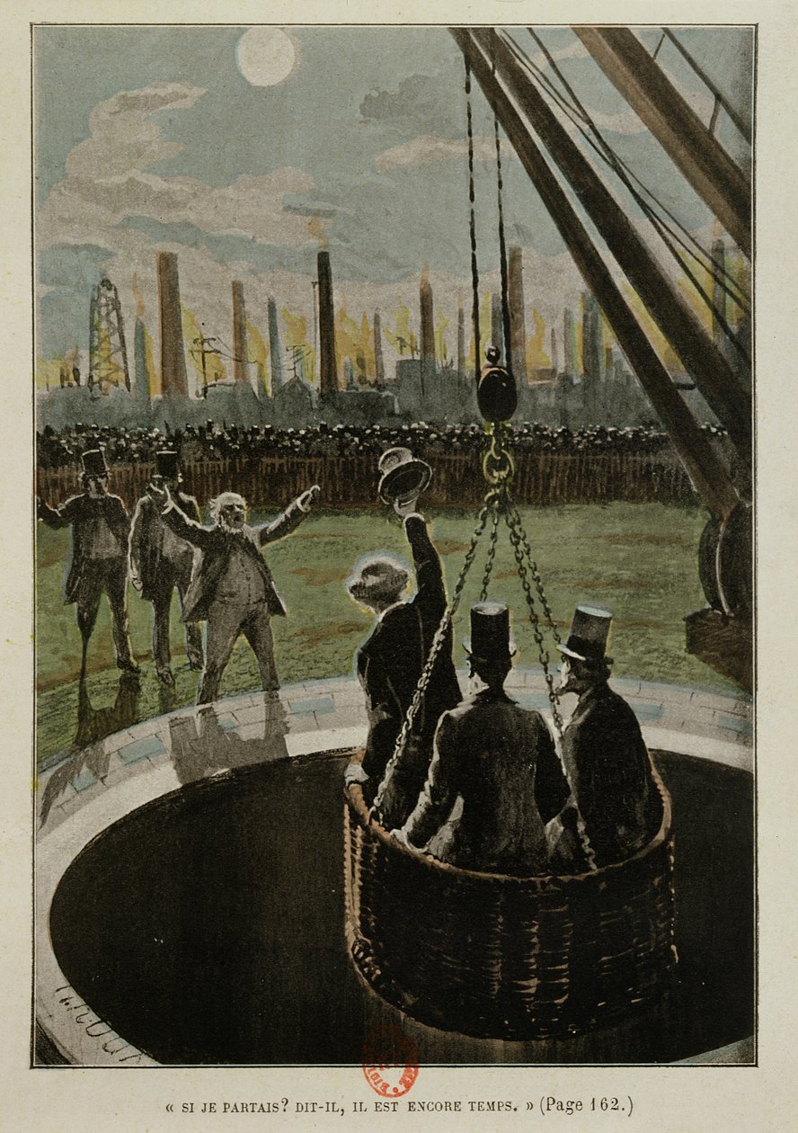 Leaving for the Moon, from From the Earth to the Moon av Jules Verne (1828-1905) utgitt i 1865 av French School