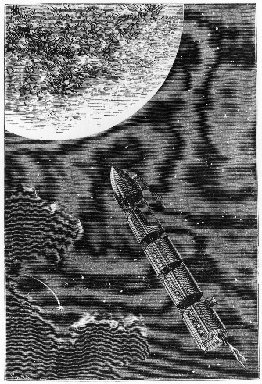Leaving for the Moon, illustrasjon fra From the Earth to the Moon av Jules Verne (1828-1905) Paris, Hetzel, utgitt i 1865 av French School