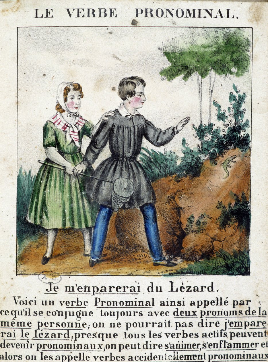 Leksjon om pronominale verb. I ""La grammaire en images"", brosjyrealbum, ca 1850. av French School