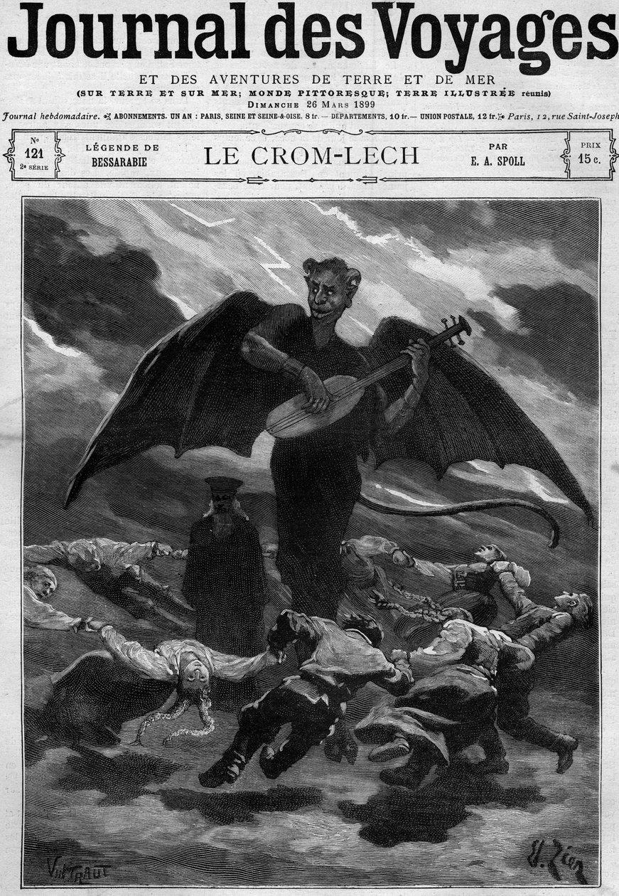 Legend of Bessarabia (Eastern Europe): Crom Lech (Crom-Lech). Satan, playing balalaika, trains dancers into an endless round. Engraving in “” Journal des Voyages”” of 26 March 1899. av French School